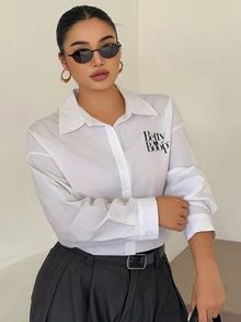 Betty Boop x DAZY Curve Kemeja Lengan Panjang Putih Kasual Longgar dengan Motif Huruf, Gaya Baru Musim Semi dan Gugur - Putih - View 6