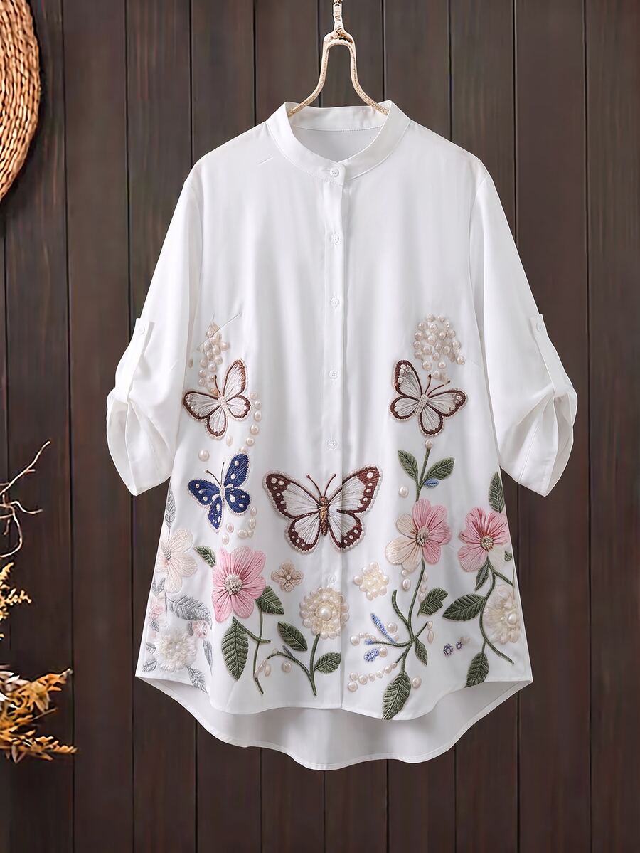 Lacomfia Kemeja Wanita Lengan Panjang Kerah Tegak Motif 3D Minimalis Serbaguna Ukuran Besar - MultiWarna - View 1