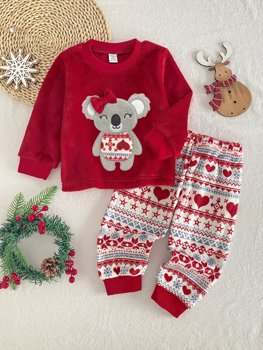 SHEIN Playful Pals Infant Girl Embroidered Red Top & Christmas Pants Fuzzy Set, Comfortable Soft Skin-Friendly Fabric, Suitable For Sleepwear - Red - View 1