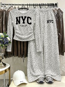 (1套) 秋季女童休閒時尚極簡風 NYC 灰色豹紋基礎款抽褶腰長袖T恤與寬腿褲 - 彩色 - 查看 3