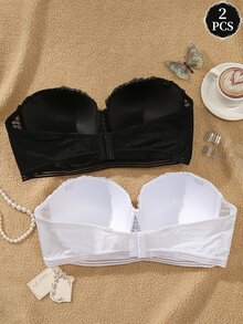 SHEIN Plus Size Lace Sexy Bra With Underwire Bandeau Women's Lingerie + Transparent Shoulder Straps 2pcs Set - Black and White - View 2