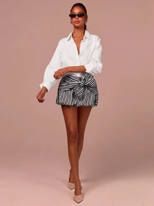 COSMINA Women's Bubble Mini Skirt Striped Mini Skirt Bow Mini Skirt Casual Mini Skirt - Black and White - View 4