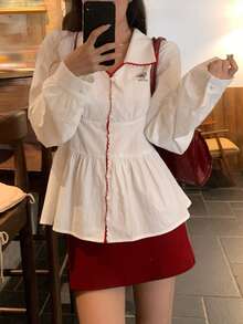 DAZY Women's Colorblock Pleated Casual Versatile Daily Wear Shirt Fall Vacation - White - View 7