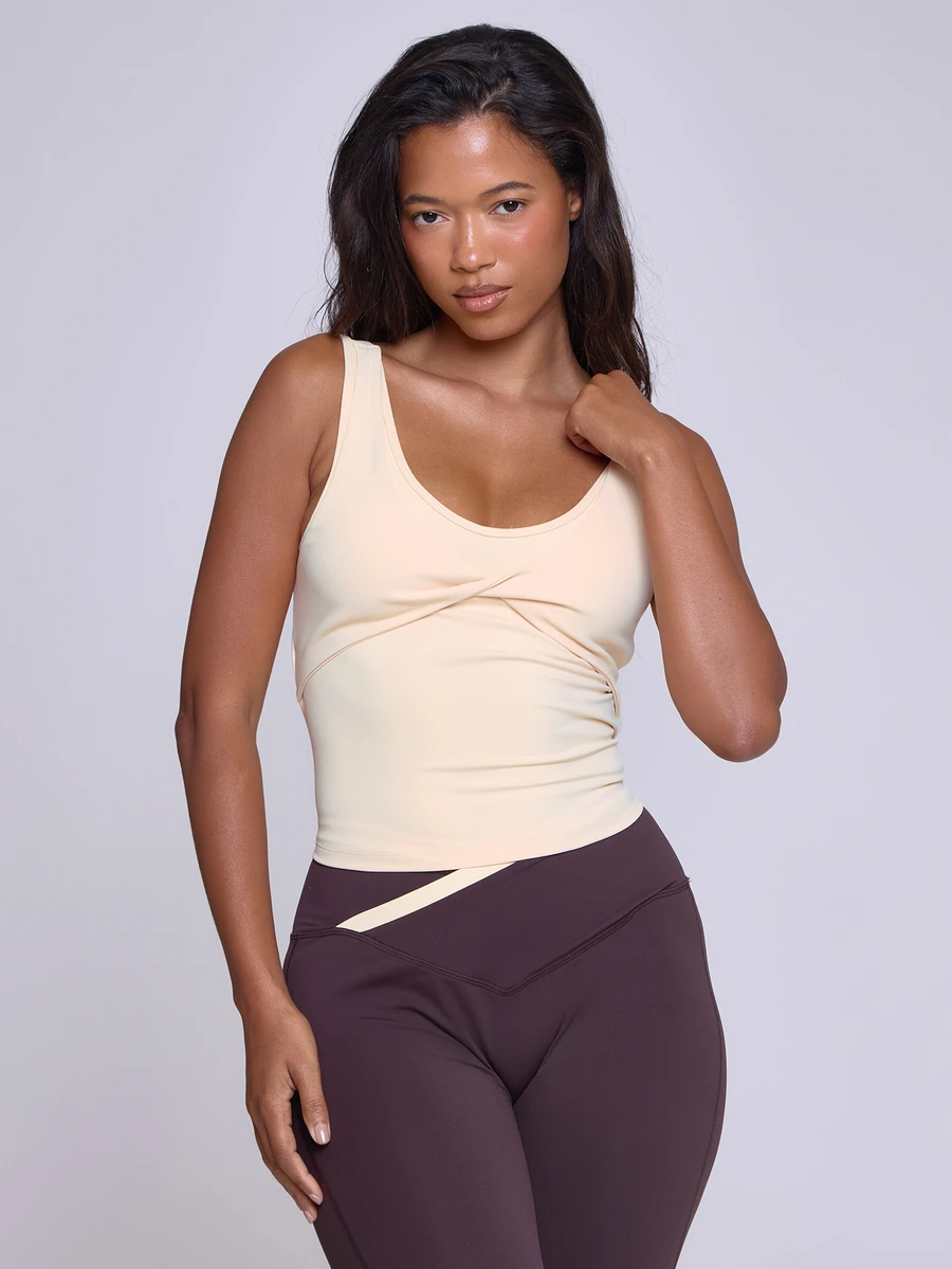 Musera Sport Scoop Neck Twist Front Detail Fitted Active Tank Cami Top Fall Winter Autumn Fitness Gym Pilates - Yellow - View 1