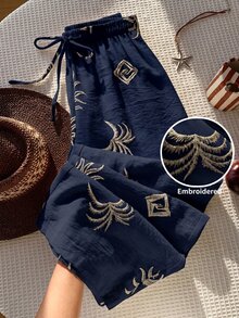 Comfortcana 女款休閒刺繡長褲，適合度假穿著 - 藍色 - 查看 1
