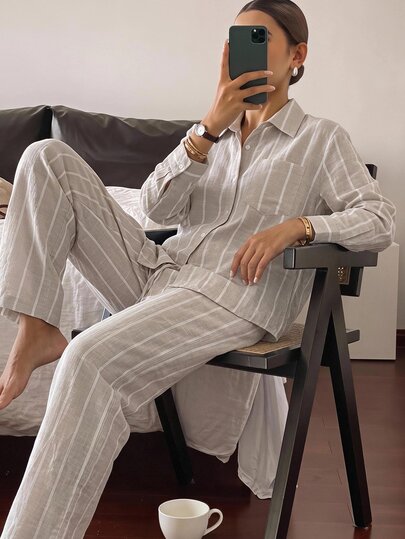 DAZY Women's Striped Long Sleeve Top And Pants Casual Daily Loungewear Set