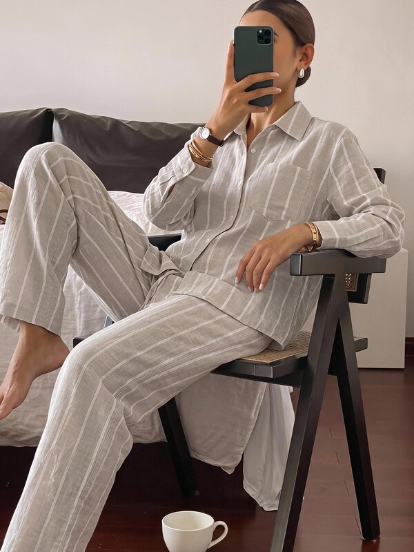 DAZY Women's Striped Long Sleeve Top And Pants Casual Daily Loungewear Set