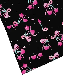 PopScrub Black V-Neck Short Sleeve Double Pocket Cute Heart Cherry Bow Cartoon Print Design Nurse, Lab, Doctor Work Uniform, Multi-Pocket Functional Holiday Top For Women - Black - View 4