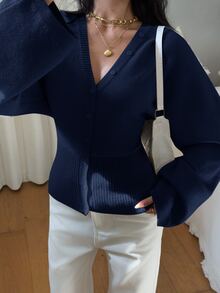 Siren Gaze Women's Solid Color Button Fitted Waist Knit Cardigan, Casual Everyday Wear, Autumn/Winter - Navy Blue - View 7