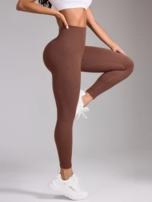 SHEIN Sports 女款純色高腰休閒日常旅行運動緊身內搭褲 - 棕色 - 查看 3
