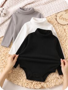 SHEIN 3件組新生兒男嬰/女嬰幼兒加厚保暖純色高領長袖冬季連身衣，黑白配色，秋季，基礎款，套裝，休閒 - 彩色 - 查看 1