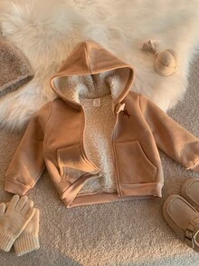 SHEIN 中性嬰兒男孩/女孩、幼兒秋冬超厚抓絨內裡連帽夾克，嬰兒加厚外套，冬季外套，絎縫外套，抓絨，加厚 - 棕色 - 查看 4