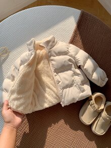 SHEIN 男女嬰幼兒秋冬超厚抓絨內裡立領杏色加厚棉襖外套，嬰兒棉襖冬裝絎縫加厚外套 - 杏色 - 查看 1