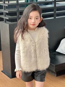 Dazy Kids Young Girl Solid Color Fashion Versatile Vest Jacket - Apricot - View 3