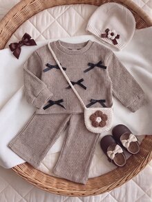 SHEIN 2件組女嬰休閒百搭時尚長袖上衣與長褲套裝，適合春、秋、冬日常穿著 - 卡其色 - 查看 5