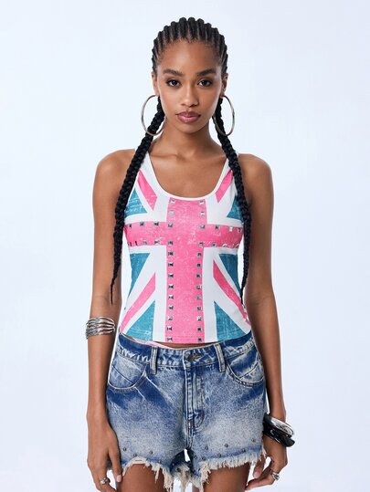 Y2Kool Pink & Blue Contrast British Flag Metal Foil Decor Gothic Y2K Streetwear Dark Punk Women's Tank Top, Suitable For Summer Fall Party Holiday Island Vacation Music Festival EDM Festival Daily Halloween Outfit