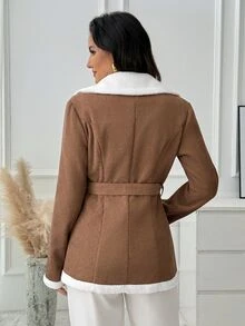Medorina Jaket Lengan Panjang Kasual Wanita Motif Blok Warna untuk Sehari-hari - Khaki - View 4