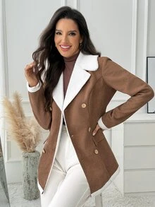 Medorina Jaket Lengan Panjang Kasual Wanita Motif Blok Warna untuk Sehari-hari - Khaki - View 5