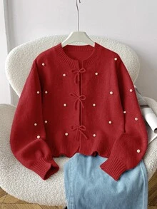 SHEIN Tween女孩寬鬆休閒極簡舒適圓領長袖蝴蝶結綴珠開襟針織外套 秋季返校季 - 紅色 - 查看 7