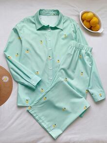 Comfortcana Women's Striped Fruit Long Sleeve Single-Breasted Casual Shirt And Pants Set - Mint Green - View 5