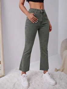SHEIN EZwear 女款休閒百搭日常旅行牛仔褲，附口袋與鈕扣設計 - 軍綠色 - 查看 1