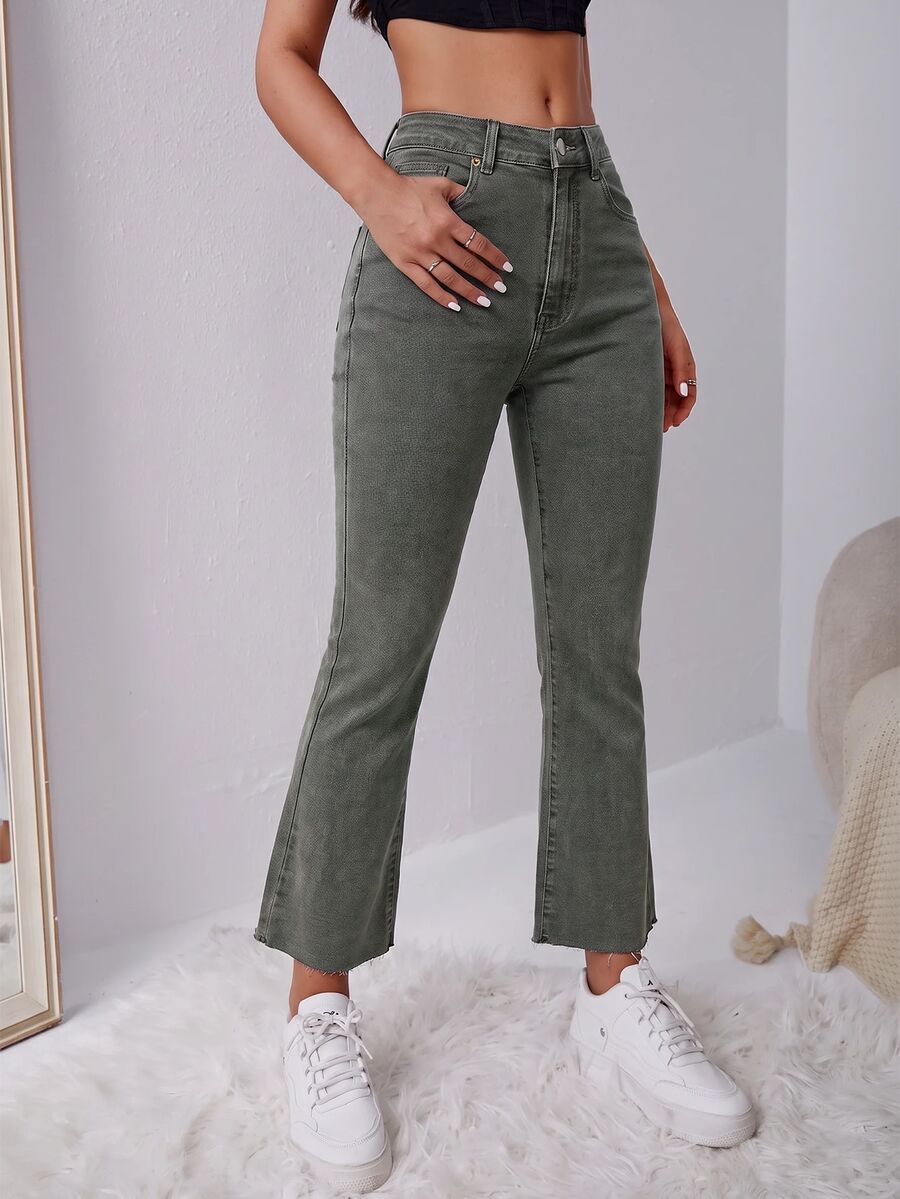 SHEIN EZwear 女款休閒百搭日常旅行牛仔褲,附口袋與鈕扣設計 - 軍綠色 - 查看 1