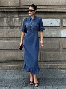 Strévra Women's Blue Denim Midi Dress With Turn-Down Collar, Button Pocket Decor, Cinched Waist And Ruffle Hem, Autumn - Blue - View 6
