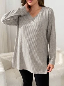 Shapeblank Plus Size Versatile Fashion Long Sleeve T-Shirt With Split Hem, Fall, Going Out Top, Simple Style, Warm Autumn Top T-Shirt For Women Fall/Winter - Apricot - View 6
