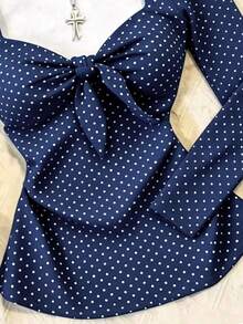 IslaSuriya Kaos Lengan Panjang Wanita Motif Polkadot Lipit Kasual Vintage Serbaguna untuk Pakaian Sehari-hari, Kencan, Setiap Hari, Warna Biru Tua, Musim Gugur - Navy Blue - View 4