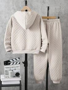 SHEIN 青少年男孩秋冬保暖基礎款加厚舒適連帽衛衣與運動長褲2件套，適合休閒日常穿著、街頭風，秋冬套裝 - 卡其色 - 查看 2
