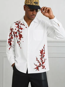 Manfinity AFTRDRK Men's Printed Long Sleeve Button Up Shirt, For Fall Holiday - Red - View 4