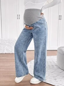 SHEIN 孕婦拼接色休閒日常穿著牛仔寬腿褲 - 藍色 - 查看 1