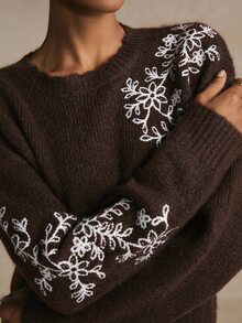 Poéselle Women's Brown Floral Embroidered Fuzzy Knit Sweater Soft Cozy Crewneck Long Sleeve Pullover Fall Christmas Everyday French Elegant Romantic Brunch - Brown - View 4