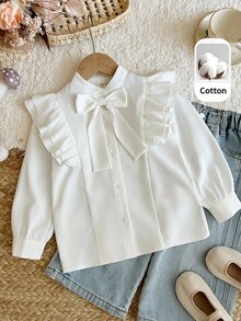 SHEIN Young Girl Woven Solid Color 3D Bow Stand Collar Ruffle Casual Shirt,White Tops,Back To School,Long Sleeve Tops,White Tops - White - View 4