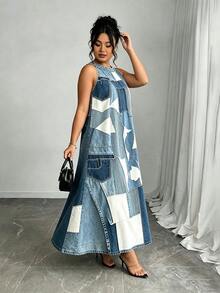 SHEIN Plus Size Women's Colorblock Casual Everyday Summer Travel Dress - Blue - View 5