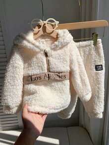 SHEIN 男嬰可愛休閒秋冬米色毛絨連帽衛衣與鬆緊腰長褲套裝 - 彩色 - 查看 7