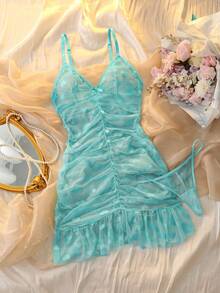 DelicateAllure 2pcs Mesh Patchwork Ruffle Hem Sheer Heart Jacquard Deep V Ruched Hip-Flattering Sexy Innocent Women's Nightgown + Thong - Blue - View 3