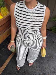 Muchica Setelan 2 Potong Ukuran Plus Motif Garis-Garis Blok Warna dengan Kancing dan Celana Longgar Bertali Pinggang - Light Grey - View 5