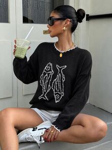 Muchica Suéter casual de manga larga negro con estampado de peces para mujer, otoño - Negro - Ver 6