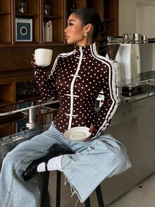 Muchica 女款波點拼色休閒百搭日常旅行長袖外套 - 巧克力棕 - 查看 5