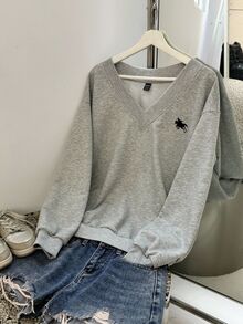 SHEIN EZwear 女款V領寬鬆大尺寸休閒極簡馬匹圖案衛衣，適合秋冬穿著 - 灰色 - 查看 3