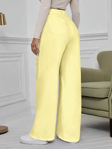 SHEIN EZwear Women's High Waist Pocket Distressed Wide Leg Casual Denim Jeans - Yellow - View 2