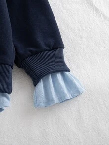 SHEIN 女童字母印花 2 合 1 拼接休閒日常長袖衛衣 - 藏蓝色 - 查看 6