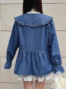 FRIFUL Women's Korean Style Fashion Tie-Up Bell Sleeve Denim Top Fall - Medium Wash - View 4