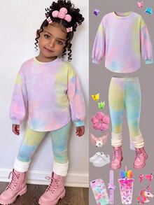 2pcs/Set Young Girl Fashion Casual Drop Shoulder Ribbed Knit "Smiling Face" Pattern T-Shirt & Leggings Pink Set - Comfortable Autumn Ribbed Knit Casual Outfit For Girls - Multicolor - View 8