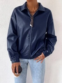 SHEIN EZwear 秋冬款落肩拉鍊PU短版皮夾克 - 藏蓝色 - 查看 3