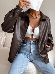 SHEIN EZwear Drop Shoulder Zip Up PU Cropped Leather Jacket In Fall/Winter - Coffee Brown - View 5