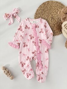 SHEIN 新生兒條紋小熊圖案拼色休閒居家連身睡衣 - 粉色 - 查看 8