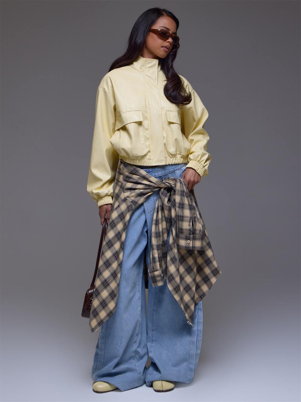 Yellow PU Leather Funnel Neck Bomber Jacket