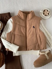Comfortcana 女款短版馬術刺繡棉質填充背心外套 秋季女裝 工作穿搭 Y2K風格 - 紫紅色 - 查看 1